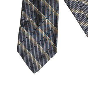 Claiborne Silk Tie Men’s 57.5” Metallic Gray Ribbed Stripe Plaid Retro 70s Wide